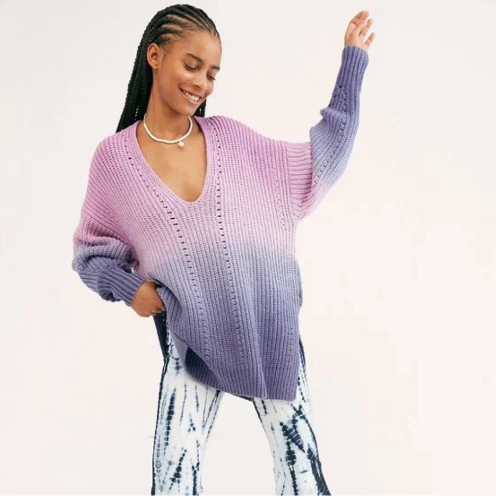Free People Come Together Purple Ombre Chunky Knit Sweater Size XS